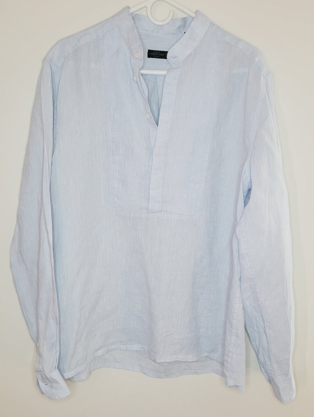Corneliani ID Men's Linen Long Sleeve Blue Collar Shirt  V-Neck Size 16.5/ 42